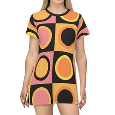 Women's retro T-shirt dress vintage geometric pattern, swinging 60's mod dress, gift for her, hippie dress, funky retro colored mini dress Retro Dress With Orange Retro Print, Orange Retro Dress With Retro Print, Summer Mini Dress With Geometric Pattern, Geometric Pattern Mini Dress For Summer, Orange Dress With Retro Print, Groovy Retro Print Summer Dress, Groovy Summer Dress With Retro Print, Summer Dresses With Groovy Retro Print, Retro Spring Dresses With Abstract Print