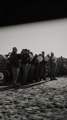 a group of men standing next to each other in front of a truck filled with cattle