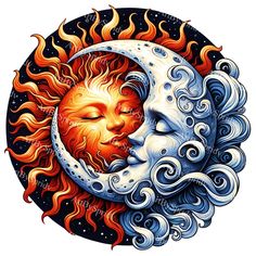 the sun and moon face in an artistic tattoo style with swirly waves around it