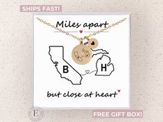 a necklace that says, miles apart but close at heart with the map of california on it