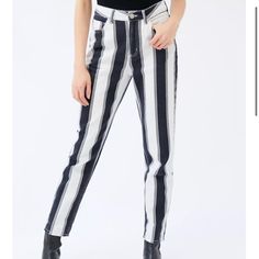 Urban Outfitters Stripped Pants Never Worn Trendy Straight Leg Pants With Vertical Stripes, White High Waist Bottoms With Vertical Stripes, High Waist White Bottoms With Vertical Stripes, High Waist White Pants With Vertical Stripes, Trendy High Rise Bottoms With Vertical Stripes, Urban Outfitters White Cotton Bottoms, Casual High Rise Pants With Vertical Stripes, Urban Outfitters High Waist White Bottoms, Casual White Pants With Vertical Stripes