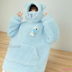 Qteee - Cute Cartoon Bear Plush Hoodie with Pocket Cute Long Sleeve Hoodie, Kawaii Long Sleeve Hoodie With Drawstring, Kawaii Fleece Hoodie Sweatshirt, Cute Hooded Fleece Tops, Winter Kawaii Crew Neck Hoodie, Cute Blue Crew Neck Hoodie, Cute Long Sleeve Hooded Jacket With Adjustable Hood, Light Blue Long Sleeve Sweatshirt With Drawstring Hood, Light Blue Long Sleeve Sweatshirt For Winter