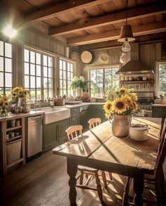 sunflowers are in a vase on the kitchen table next to an oven and sink