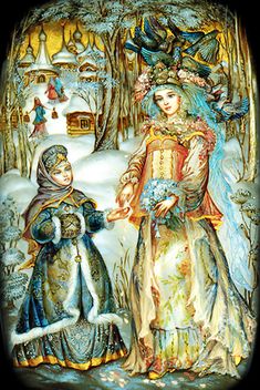 a painting of two women standing next to each other in front of snow covered trees