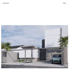 an architectural rendering of a modern house with a car parked in the driveway next to it