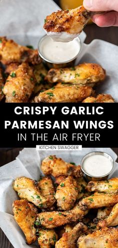 crispy garlic parmesan wings in the air fryer with ranch dressing on top