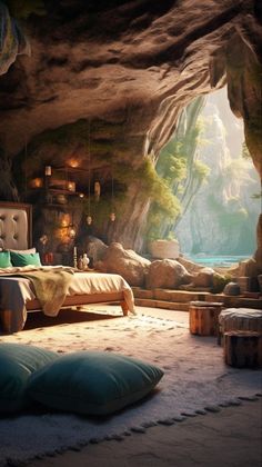 a large bed sitting in the middle of a bedroom next to a cave filled with rocks