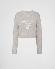 Marble Gray Wool And Cashmere Crew-neck Sweater | PRADA Luxury Crew Neck Sweater With Embroidered Logo, Luxury Crew Neck Top With Ribbed Collar, Luxury Tops With Logo Detail For Fall, Luxury Logo Tops For Fall, Luxury Logo Detail Tops For Fall, Luxury Cashmere Tops With Ribbed Cuffs, Prada Outfits, Prada Sweater, Prada Logo