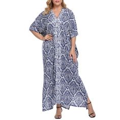 HDE's maxi kaftan beach dress is a versatile summer vacation must-have, perfect for women of all different sizes. Designed to be oversized, breezy, and relaxed feeling when you're out in the sun. The loose sleeves and loose cut will make you look slimmer and let you feel sophisticated on your next vacation getaway. You also don't have to worry about skin damage because our caftan / kaftan beach cover up offers UPF 30+ to protect your skin. Be a stunner at the beach or by the pool with a pop of 1 Casual Maxi-length Kaftan For Vacation, Relaxed Fit V-neck Maxi Dress For Vacation, Blue Maxi Dress For Beach Vacation, Printed Maxi Dress For Beach Vacation, Blue Maxi Dress For Beach Season Vacation, Oversized V-neck Maxi Dress For Vacation, Printed Maxi Beach Dress For Vacation, Printed Maxi Length Beach Dress For Vacation, Blue Tunic Beach Dress For Vacation