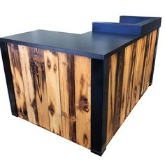 an image of a wooden bar with blue counter top and back panels on white background