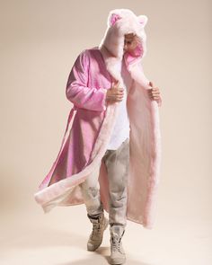 Men's Long Pink Sequin Coat - Classic Turn heads in our bold long pink sequin coat for Men, complete with a faux fur hood and ears, a sequin wrap belt, and a secret inner pocket. Whether you're at a music festival, rave, party, or enjoying an evening out, this coat will make you the star of the night! Ballet Disco Cat Characteristics JOY - GRACE - VIBRANCY Do you have the spirit of the Ballet Disco Cat? If you do, you're a natural performer, dancing through life with an infectious energy that up Pink Hooded Fur Coat With Faux Fur Trim, Pink Hooded Fur Coat For Winter, Hooded Pink Fur Coat For Winter, Pink Long Sleeve Outerwear For Costume Party, Pink Sequined Outerwear For Winter, Dancing Through Life, Hood Shawl, Sequin Coats, Pink Disco