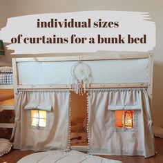 there is a bed with curtains on it and the words individual sizes of curtains for a bunk bed