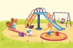 children's play area with swings, slides and animals in cartoon style painting on paper