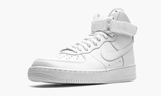 the nike air force high is white and has two straps on each side of the shoe