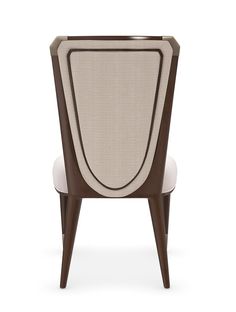 an upholstered chair with a wooden frame and beige fabric on the back side