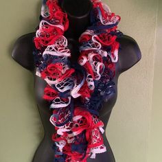 Hand Made Ruffled Scarf. Perfect 4th Of July Accessory! Red White And Blue Crochet Scarf, Made Accessories, Ruffle Scarf, Scarf Wrap, Red Blue, 4th Of July, Red And Blue, Scarf Accessory, Hand Made