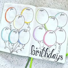 an open birthday planner with balloons on it