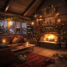 a living room filled with furniture next to a fire place covered in christmas garlands