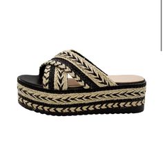 Woven Raffia Upper With Leather Sole Leather Lining Platform Measures Approx. 2.5" Black Wedge Heel Sandals For Beach Season, Black Platform Slippers With Round Toe For Vacation, Black Closed Toe Platform Slippers For Vacation, Black Platform Slippers With Wedge Heel For Vacation, Black Wedge Heel Platform Slippers For Vacation, Black Wedge Sandals For Beach Vacation, Slip-on Straw Platform Sandals, Straw Platform Slip-on Sandals, Slip-on Platform Sandals With Straw Material