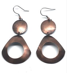 Two-part Copper Earrings Patterned copper Cutout circles recycled copper Handmade by artist Susan Wood Peterson Bronze Copper Hoop Earrings, Nickel-free Copper Hoop Earrings, Bronze Round Earrings, Bronze Copper Round Earrings, Handmade Copper Circle Earrings, Nickel-free Copper Circle Earrings, Round Electroformed Metal Earrings, Electroformed Round Metal Earrings, Copper Dangle Earrings