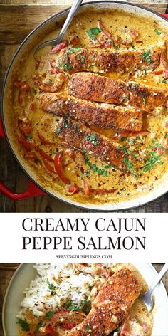 creamy cajun peppea salmon in a skillet