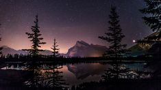 the night sky is reflected in a lake with trees on both sides and stars above it