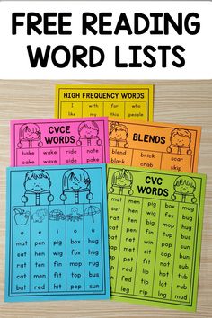 three free reading word lists with the words cvc words