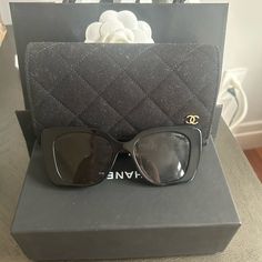 Beautiful Sunglasses With Box Case And Bag. Chanel Booklet And Cleaning Wipe Chanel Butterfly Sunglasses, Chanel Black And White, Black Gold Chain, Black Cat Eye Sunglasses, Bag Chanel, Sunglasses Logo, Red Sunglasses, Pink Sunglasses, Chanel Sunglasses