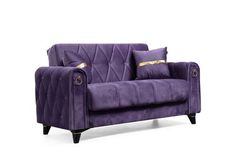 a purple couch with two pillows on it's back and gold trim around the arms