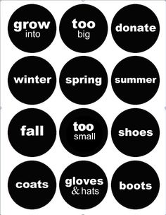 black and white buttons with words that say winter, spring, fall, boots, snow