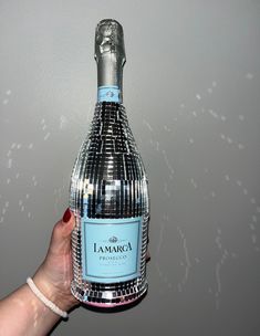 a person holding up a bottle of champagne