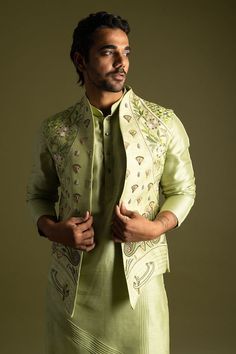 Pistachio green bamberg silk nehru jacket with multi-colored thread embroidered egyptian scripture inspired motifs. - Aza Fashions Nehru Jacket For Men, Nehru Jacket, Nehru Jackets, Pistachio Green, Indian Fashion Designers, Kurta With Pants, Pernia Pop Up Shop, Jacket For Men, Thread Work