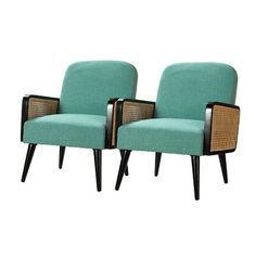 two chairs sitting side by side in front of a white background and one has a blue upholstered seat