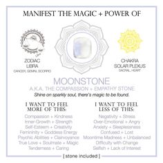 Manifest the Magic + Power of Your Moonstone Got an issue? We've got a crystal for that!!!! Each 3 x 3 package comes with an informative crystal card and the attributes each stone possesses. You can feel MORE of something, and less of something else. The package also includes a small (but powerful) crystal to carry with you or pin to your vision board to stay mindful of your journey. You can keep it all together in the bag or carry the animal totem in your purse or pocket separately! Slip it int Charging Crystals New Moon, Healing Magic, Crystals Healing Properties, Goddess Energy, Magic Powers, Crystal Therapy, Meditation Crystals, Crystal Healing Stones, Crystal Magic