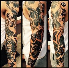 three different views of a man's arm with tattoos on it, including an eagle and flowers