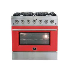 a red stove top oven with two burners and one door on the right side