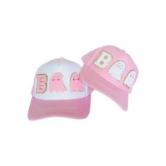 "👻 Be halloween ready with our cute ghost halloween hat! This adorable girly ghost hat features genuine chenille patches with an option of a single ghost or two ghosts spelling out \"BOO\" . This hat is a great Halloween gift or a great Halloween party hat. Each chenille patch is secured with professional-grade adhesive and a heat press to ensure a secure bond. The trucker hat is a high quality, mid profile, 5-panel hat with a built in sweat band. The trucker hat is a high quality, mid profile, Girly Ghost, Ghost Hat, Funny Halloween Costume, Chenille Patches, Halloween Hat, Halloween Costume Party, Chenille Patch, Sweat Band, 5 Panel Hat