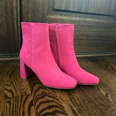 Super Cute, Hot Pink Boots With 3 Inch Heel. Never Before Worn Pink Block Heel Boots For Spring, Pink Block Heeled Boots For Spring, Pink Heeled Boots With Medium Width For Fall, Pink Medium Width Heeled Boots For Fall, Pink Square Toe Boots For Fall, Pink High Ankle Heeled Boots For Spring, Pink Block Heel Boots For Fall, Pink Boots, 3 Inch Heels