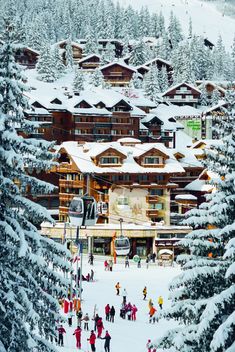 people are skiing in front of a ski lodge surrounded by pine trees and snow covered mountains