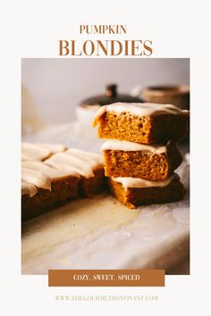 pumpkin blondies are stacked on top of each other