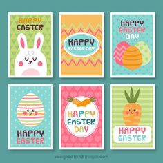 four different easter cards with bunny, egg, pineapple and carrots on them