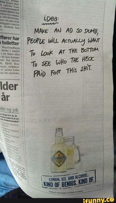 a newspaper paper with an ad for cider aleger on it and the caption