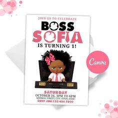 This is a DIGITAL PRODUCT. NO physical product will be mailed. ★ This Birthday invitation is self-editable in CANVA App (Super Easy to use app on computer and Phone (browser) in 5 minutes) WHAT'S INCLUDED - Birthday Invitation Template; size 5"x7" ★HOW IT WORKS: 1. PURCHASE - After purchasing you will access the PDF file with the CANVA template link through your email or you can find it under your "Purchases and Review" in Etsy. 2. EDIT - Please remember that you can only edit the numbers & lett Baby Boss Invitations, Boss Baby Birthday Invitations, Baby Boss Party, Baby Boss Invitations Christening, Boss Baby Invitation, Boss Baby Girl Invitation Template Free, Baby Candy Bar, Hershey Bar Wrappers, Baby Boss