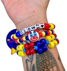 Fun Plastic Jewelry With Round Beads, Fun Plastic Beaded Bracelets With Letter Beads, Playful Red Jewelry With Letter Beads, Art The Clown Bracelet, Playful Plastic Jewelry With Letter Beads, Novelty Stretch Bracelet With Colorful Beads, Clown Kandi, Clown Choker, Kidcore Accessories