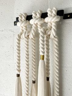 several ropes hanging on the wall with tassels attached to one end and two ends