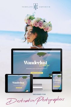 the website for wanderlust is displayed on multiple devices and in front of an ocean background