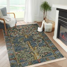 a living room with a fireplace and rug on the floor