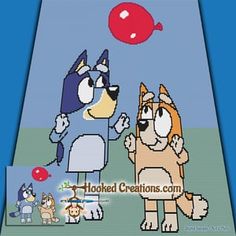 an image of two dogs that are in front of a red balloon with the words hooked creations on it