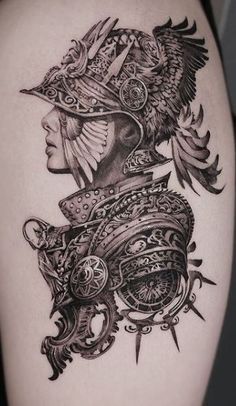 a woman with a helmet on her head is shown in this black and white tattoo