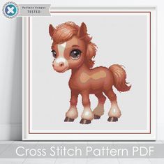 a cross stitch pattern of a little pony with brown hair and big eyes, standing in front of a white wall